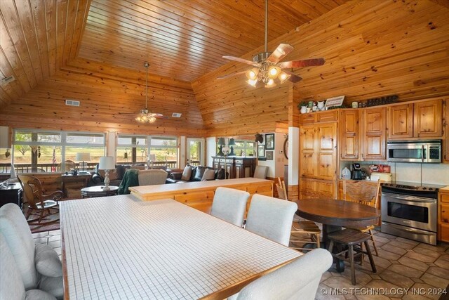 9212 N 447th Rd, Spavinaw, OK 74366 - dining area with visible vents, a ceiling fan, wood ceiling, wood walls, and high vaulted ceiling