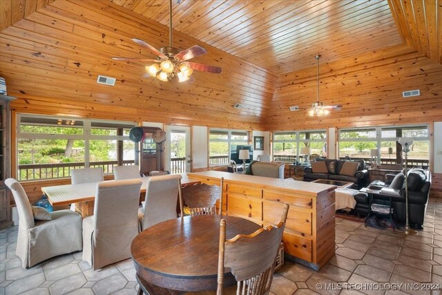 9212 N 447th Rd, Spavinaw, OK 74366 - dining room with high vaulted ceiling, wood ceiling, wooden walls, and visible vents