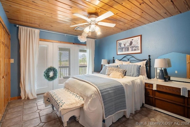 9212 N 447th Rd, Spavinaw, OK 74366 - bedroom with access to exterior, wood ceiling, visible vents, and a ceiling fan