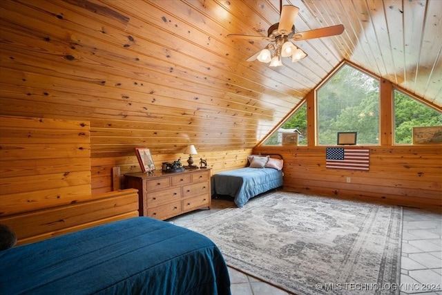 9212 N 447th Rd, Spavinaw, OK 74366 - bedroom with lofted ceiling, ceiling fan, wood walls, and wooden ceiling