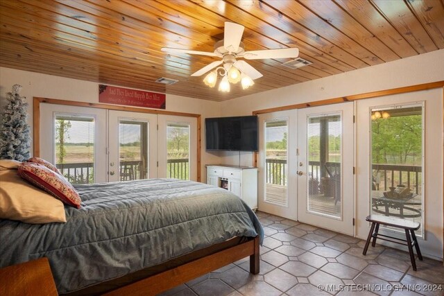 9212 N 447th Rd, Spavinaw, OK 74366 - tiled bedroom with access to outside, french doors, visible vents, and wooden ceiling
