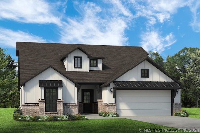 modern farmhouse style home featuring a garage and a front lawn