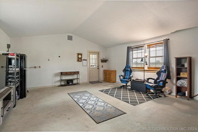 exercise area featuring vaulted ceiling and carpet flooring