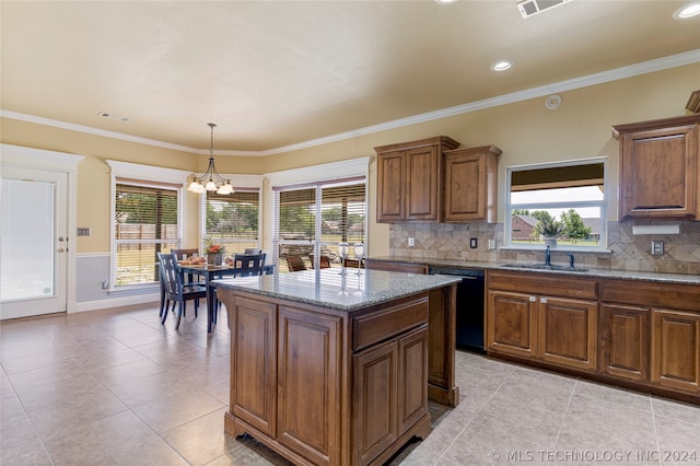 kitchen featuring black dishwasher, an inviting chandelier, a wealth of natural light, and light stone counters