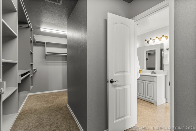 spacious closet with light carpet and sink