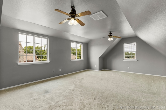 additional living space with carpet floors, a textured ceiling, ceiling fan, and vaulted ceiling