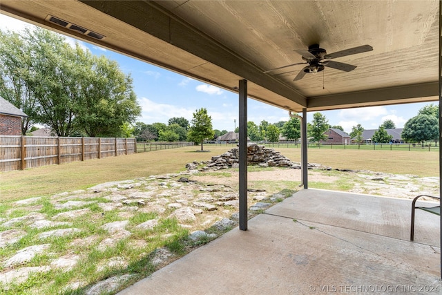 view of patio / terrace featuring visible vents, ceiling fan, and a fenced backyard