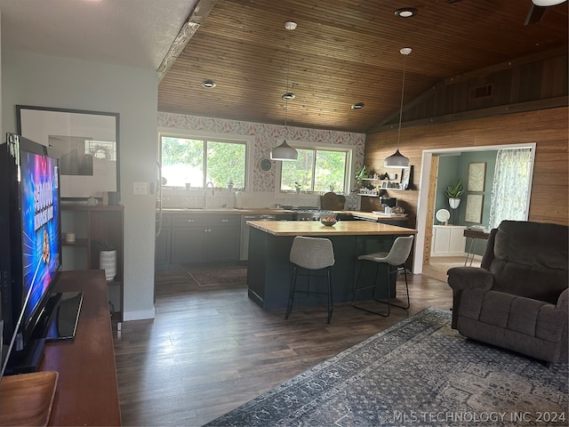 living room with wood ceiling, lofted ceiling, and dark hardwood / wood-style flooring