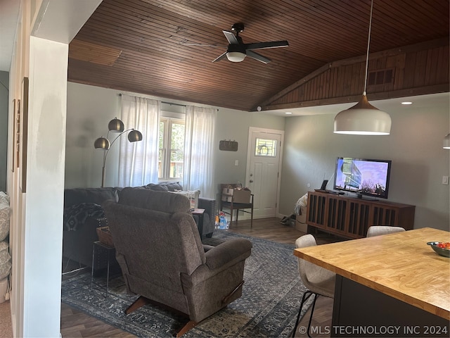 living room featuring wood ceiling, lofted ceiling, ceiling fan, and dark hardwood / wood-style flooring