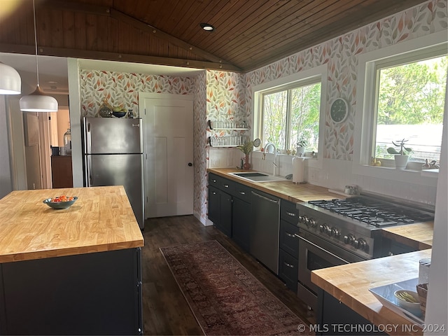 kitchen with pendant lighting, wood counters, dark wood-type flooring, vaulted ceiling, and appliances with stainless steel finishes