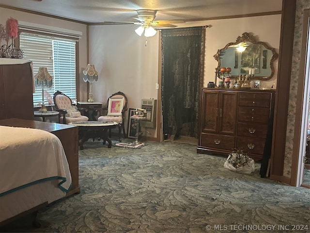 bedroom with ceiling fan and ornamental molding