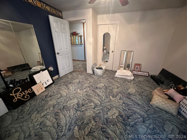 bedroom featuring carpet flooring and ceiling fan