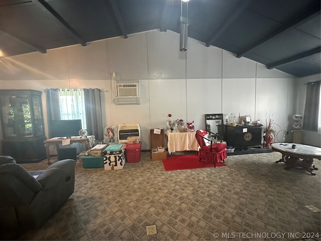 interior space with beamed ceiling, carpet floors, an AC wall unit, and high vaulted ceiling