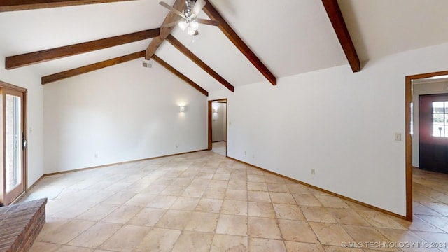 unfurnished room with beamed ceiling, ceiling fan, and high vaulted ceiling