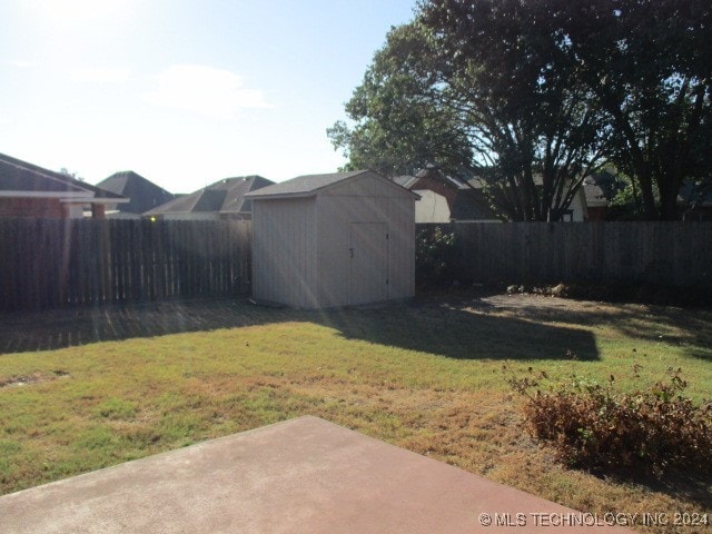 view of yard featuring a patio and a shed