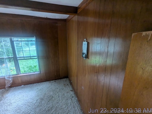 unfurnished room featuring light carpet and wood walls