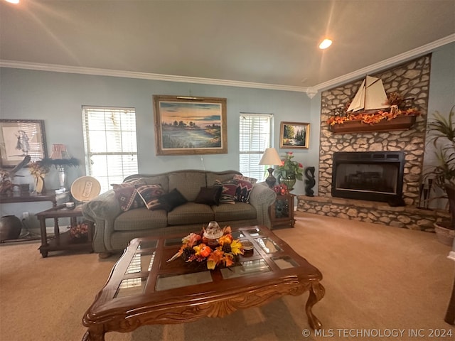 carpeted living room with a stone fireplace and crown molding