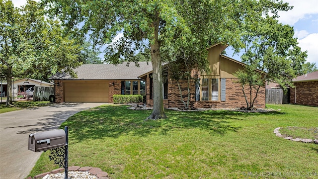 ranch-style home with a garage and a front lawn