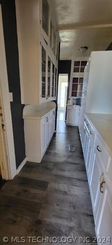 kitchen with white cabinetry and dark hardwood / wood-style flooring