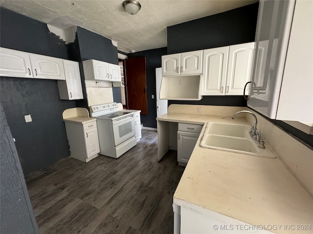 kitchen featuring sink, white electric range, white cabinets, and dark wood-type flooring