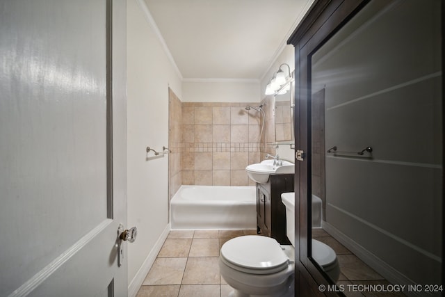 full bathroom featuring vanity, tiled shower / bath combo, tile patterned flooring, ornamental molding, and toilet