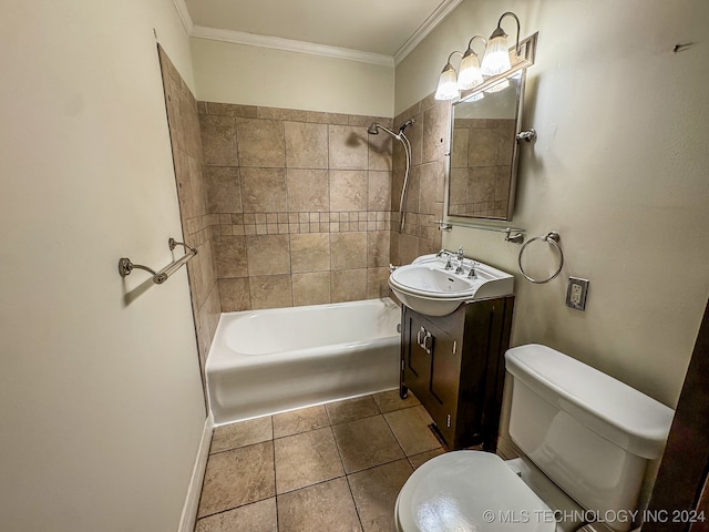 full bathroom featuring tiled shower / bath, vanity, toilet, ornamental molding, and tile patterned flooring