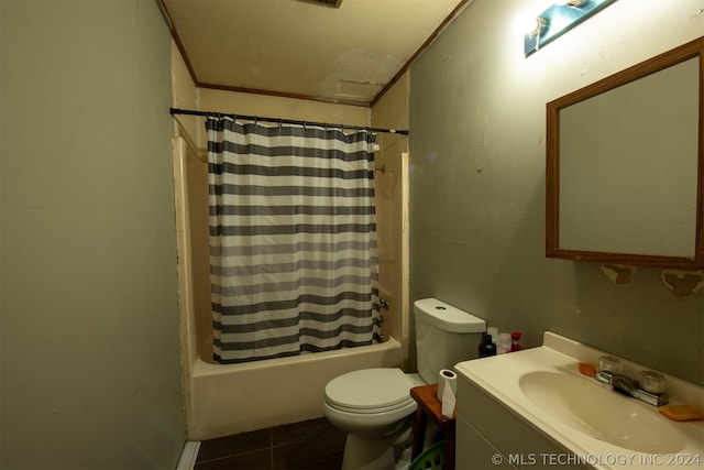 full bathroom featuring toilet, vanity, shower / bathtub combination with curtain, and tile patterned flooring