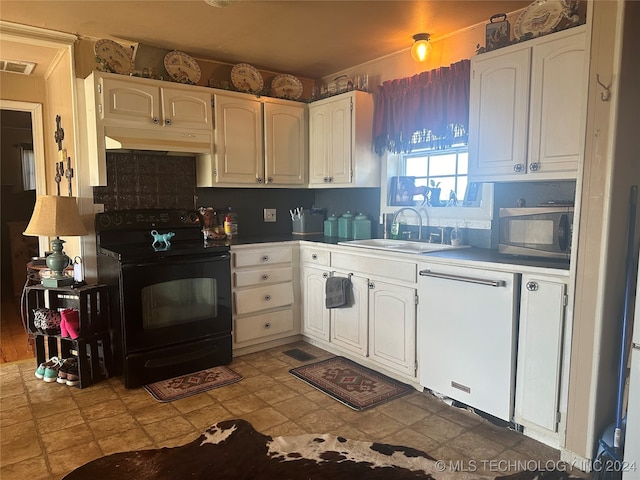 kitchen featuring black range with electric cooktop, white cabinetry, white dishwasher, and sink