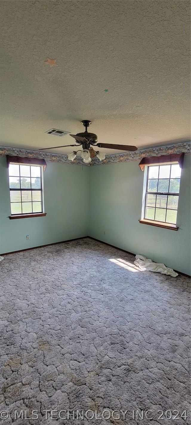 carpeted spare room featuring ceiling fan, a textured ceiling, and a wealth of natural light