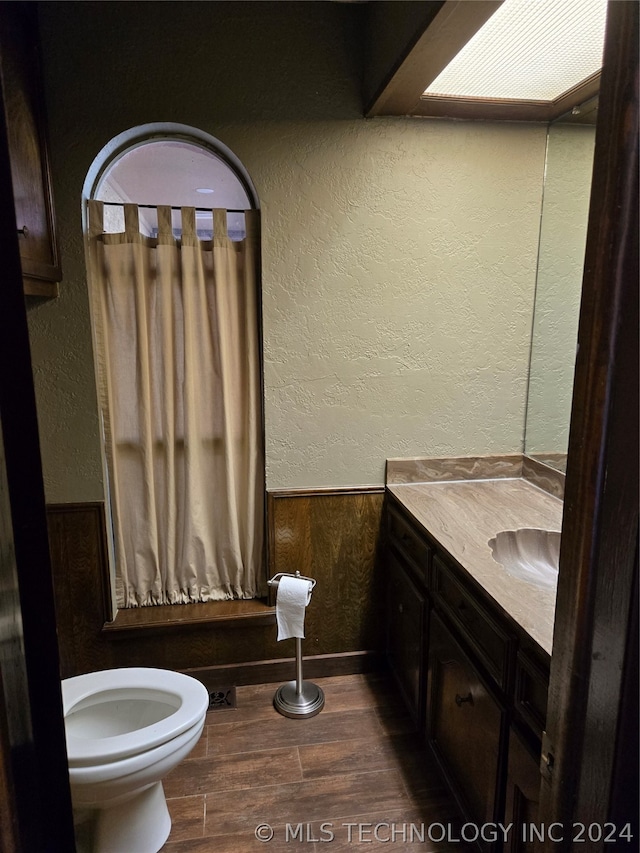 bathroom with vanity, toilet, and wood-type flooring