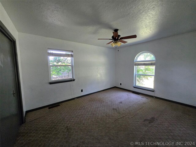 spare room featuring plenty of natural light, carpet floors, a textured ceiling, and ceiling fan