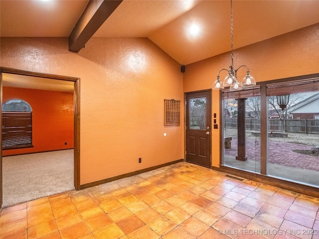 entrance foyer featuring visible vents, baseboards, a textured wall, lofted ceiling with beams, and an inviting chandelier