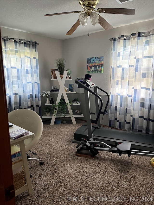 exercise room with carpet floors and ceiling fan