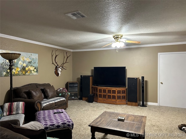 living room with carpet floors, a textured ceiling, and ceiling fan