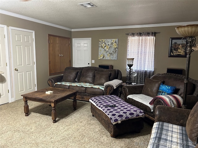 living room with carpet floors, a textured ceiling, and crown molding