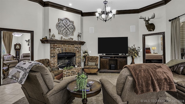 living room featuring light tile patterned floors, a notable chandelier, a fireplace, and ornamental molding