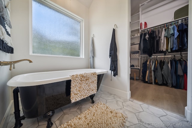 bathroom with hardwood / wood-style flooring and a washtub