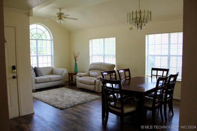 dining room featuring dark hardwood / wood-style flooring and ceiling fan with notable chandelier