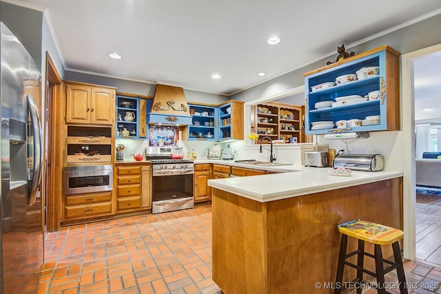 kitchen featuring open shelves, a peninsula, a sink, custom range hood, and appliances with stainless steel finishes