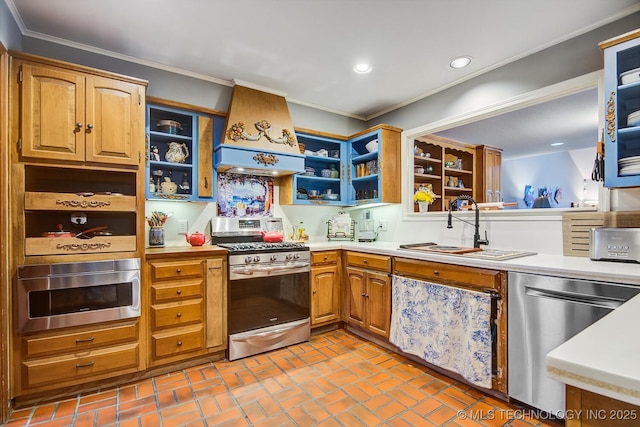 kitchen with custom range hood, open shelves, a sink, stainless steel appliances, and light countertops