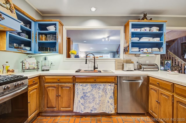 kitchen featuring a sink, extractor fan, light countertops, appliances with stainless steel finishes, and open shelves