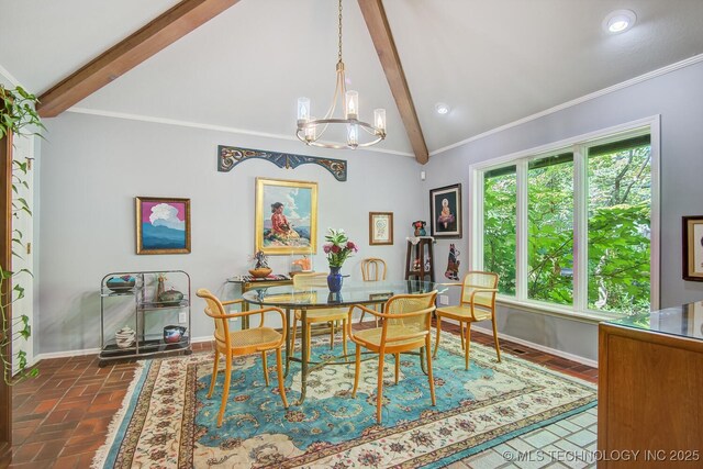 dining area featuring a notable chandelier, beam ceiling, ornamental molding, and high vaulted ceiling