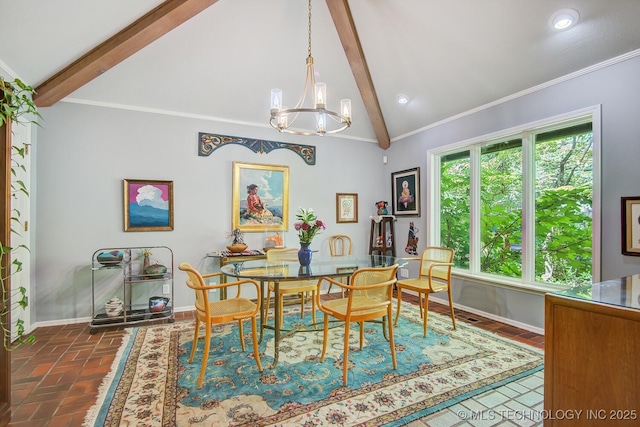 dining room featuring brick floor, baseboards, a chandelier, and ornamental molding