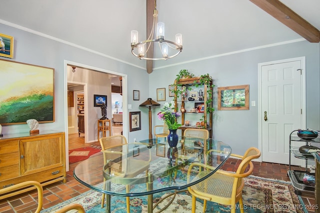 dining room featuring a notable chandelier, crown molding, and brick floor