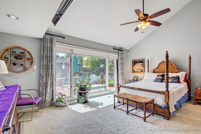 bedroom with high vaulted ceiling, a ceiling fan, access to exterior, and carpet flooring