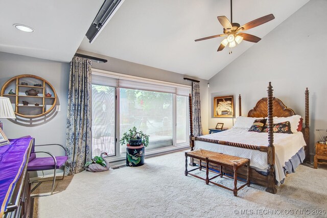 carpeted bedroom with vaulted ceiling and ceiling fan