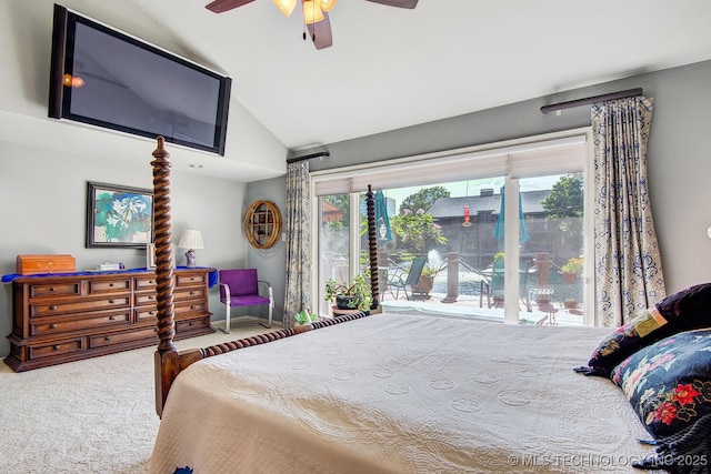 carpeted bedroom featuring vaulted ceiling, access to outside, and ceiling fan