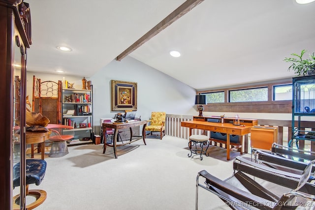 carpeted home office featuring vaulted ceiling with beams and recessed lighting