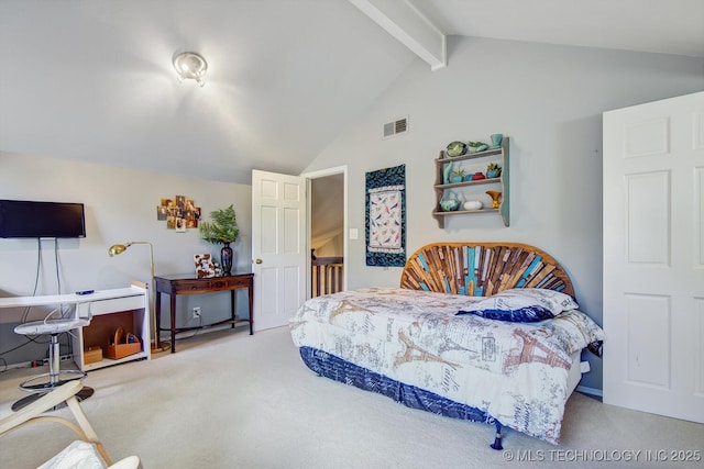 carpeted bedroom featuring lofted ceiling with beams