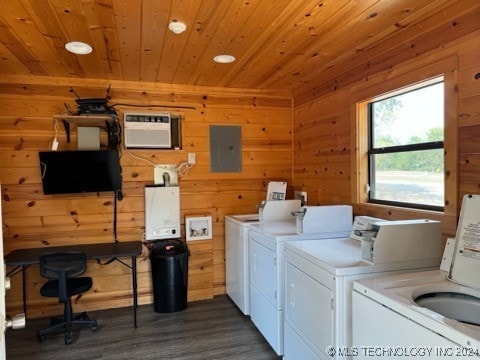 washroom with electric panel, dark hardwood / wood-style floors, wooden walls, wood ceiling, and independent washer and dryer